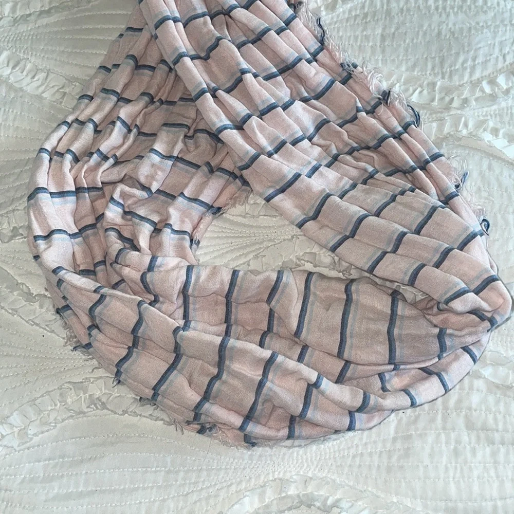 Light Pink & Blue Striped Fringe Scarf